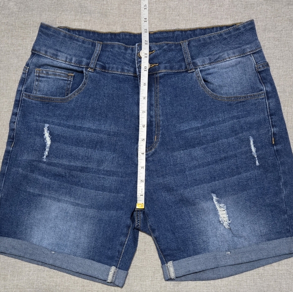 High-Rise Blue Denim Jean Shorts with Folded Hem - Picture 6 of 8